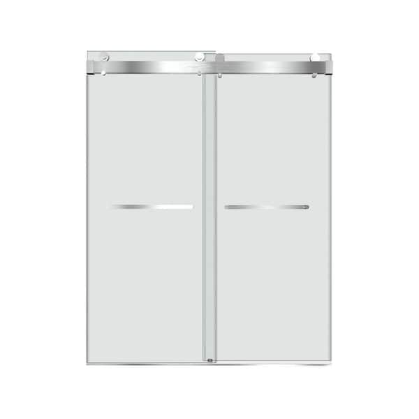 WELLFOR 60 in. W x 76 in. H Soft-Closing Double Sliding Frameless Shower Door with 3/8 in. Clear Glass in Brushed Nickel