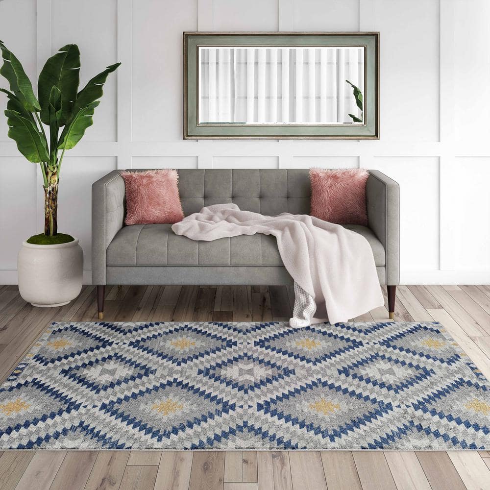 Sunset Gray and Blue Synthetic Tribal Rectangular Area Rug