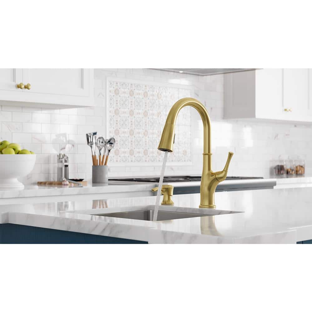 Alderwood Brushed Gold High-Arc Kitchen Faucet with Pull-Out Spray