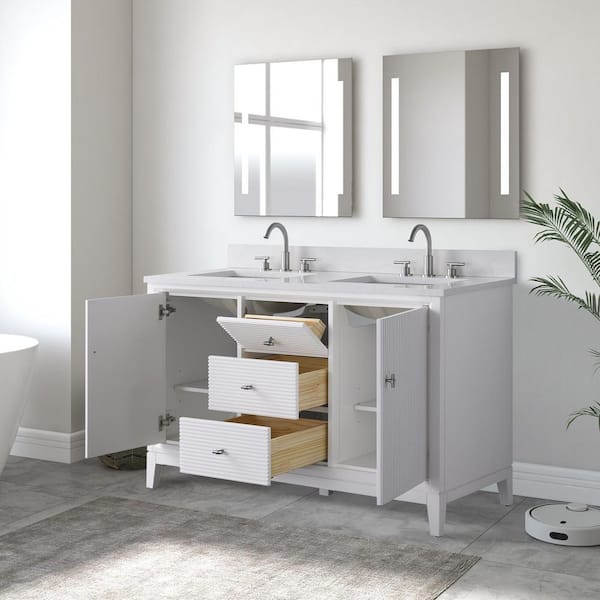 54 in. W Double Sink Freestanding White Bath Vanity Cabinet with Ariston White Engineered Marble Top