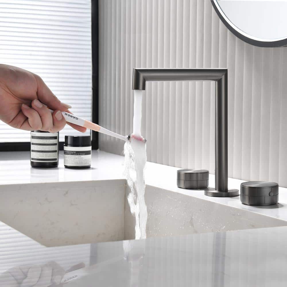 Gunmetal Gray Brass Double Handle Widespread Bathroom Faucet