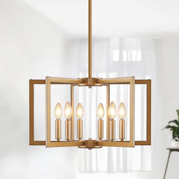 22 in. W 6-Light Pendant Light Fixture Gold Chandelier for Living Room, Dining Room, E12, No Bulbs Included