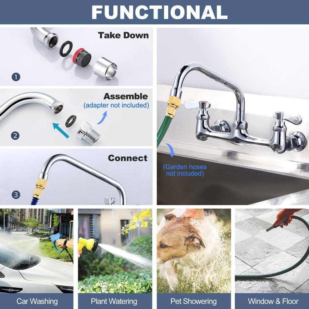 8" Dual Handle Polished Chrome Wall Mount Kitchen Faucet