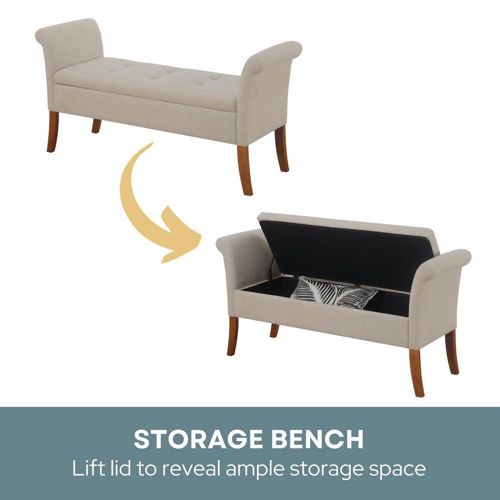 Elegant Soft Gray Garbo 52" Tufted Storage Bench with Rolled Armrests