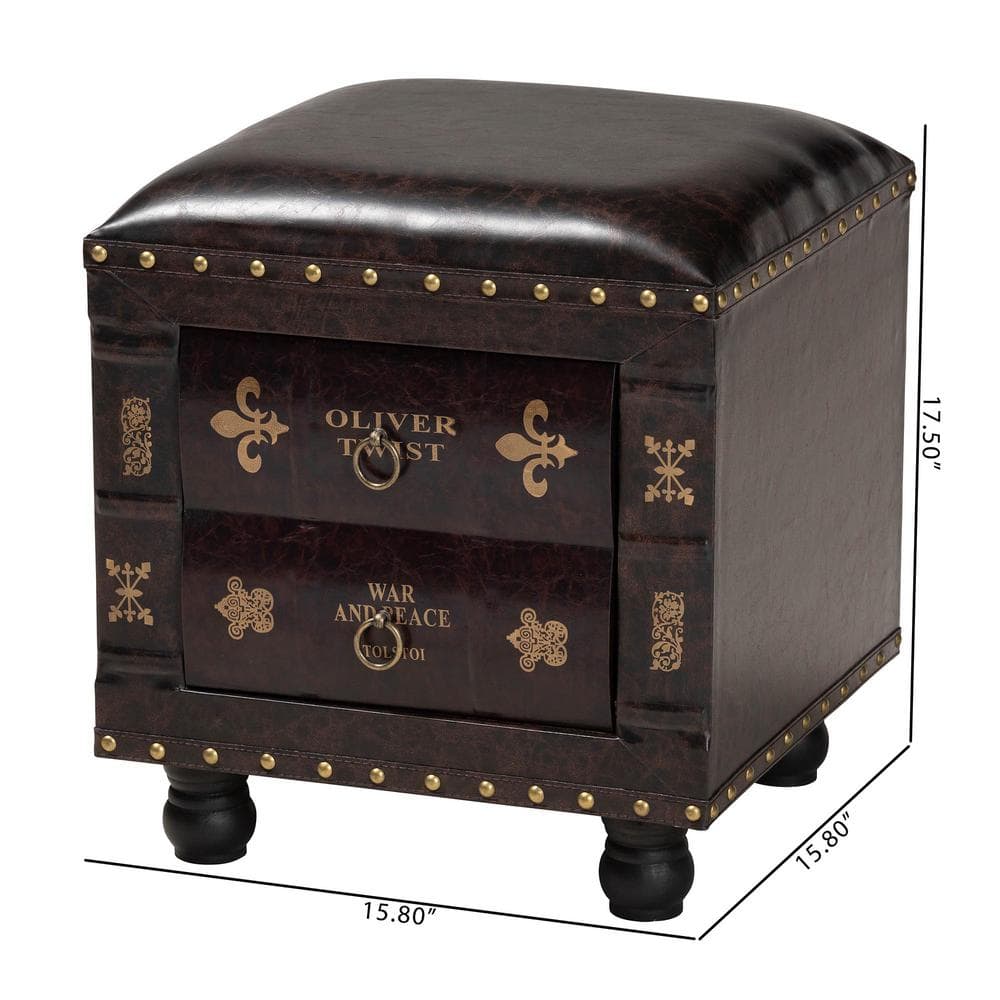 Charlier Rustic Dark Brown Faux Leather Storage Ottoman with Book Spine Drawer