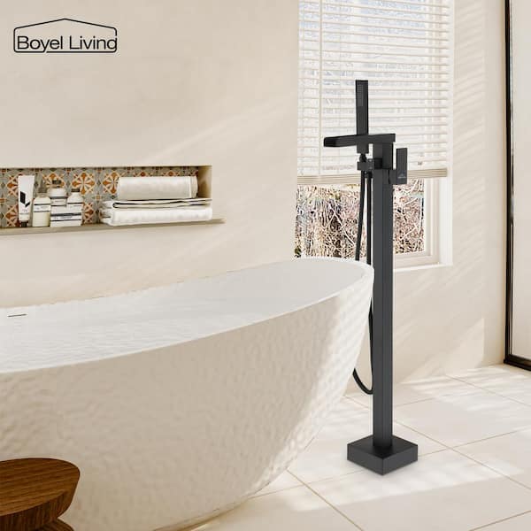 2.4 GPM Single-Handle Floor Mount Freestanding Tub Faucet with Hand Shower and Built-in Valve in Matte Black