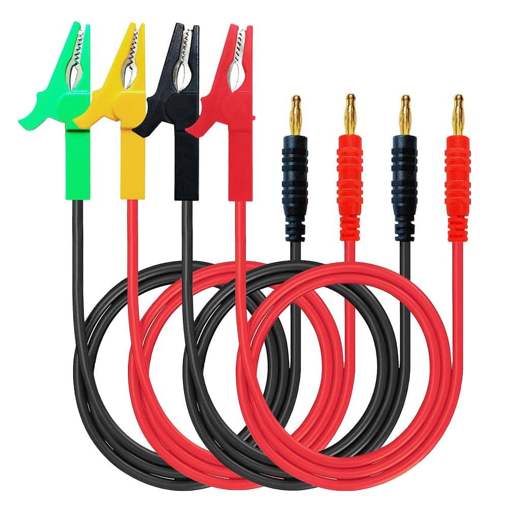 4mm Banana Plug to Alligator Clip Test Cable Kit, 12AWG 30 cm, 4-Color, 2 Pairs, 30A 600V