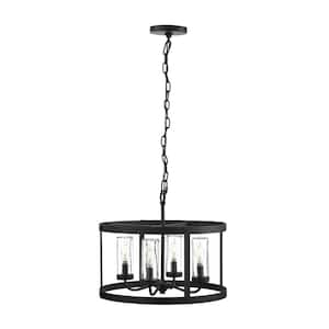14.63 in. 4-Light Matte Black Dimmable Outdoor Pendant Light with Clear Glass Shades