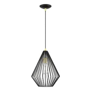 Linz 1-Light Shiny Black Island Pendant with Polished Brass Accents