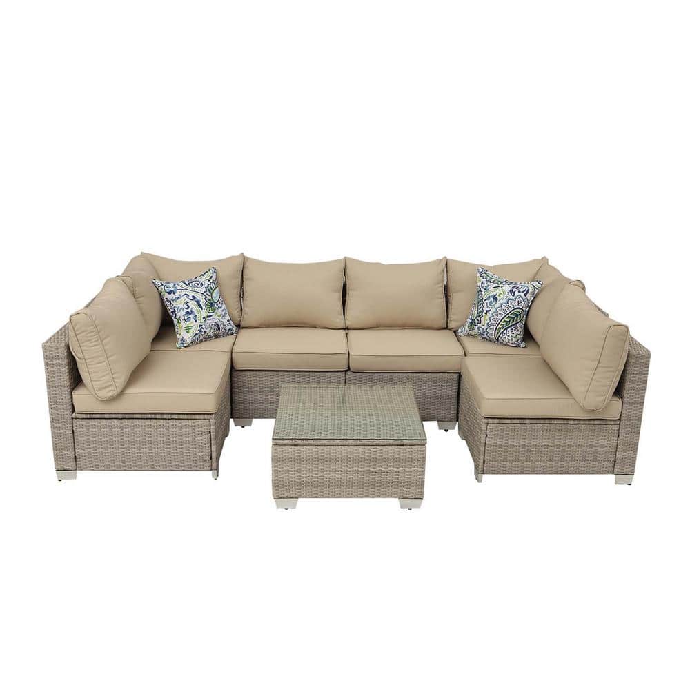 Light Grey 7-Piece Wicker Outdoor Sectional Set Sectional Sofa Set with Fie