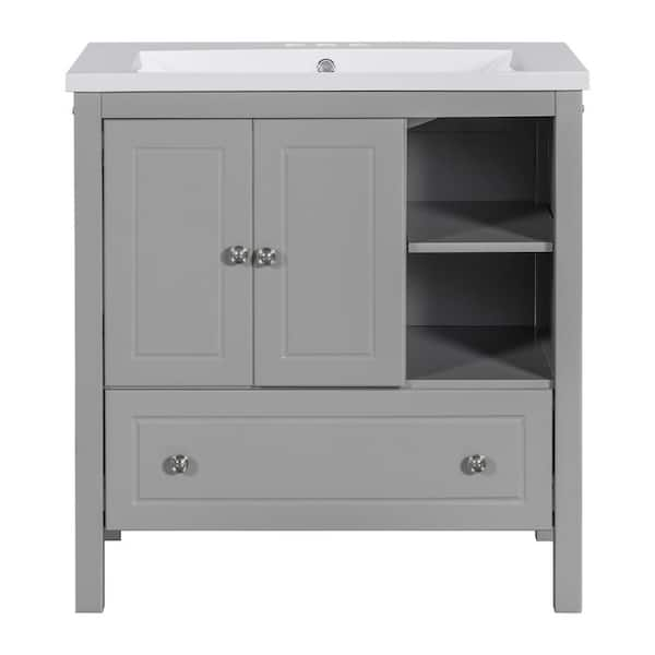 30 in. W Solid Wood Frame Single Sink Bath Vanity in Gray with White Ceramic Top Sink, Double-door Cabinet, Drawer