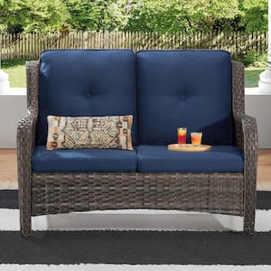 Brown Wicker Outdoor Patio Loveseat with Blue Cushions