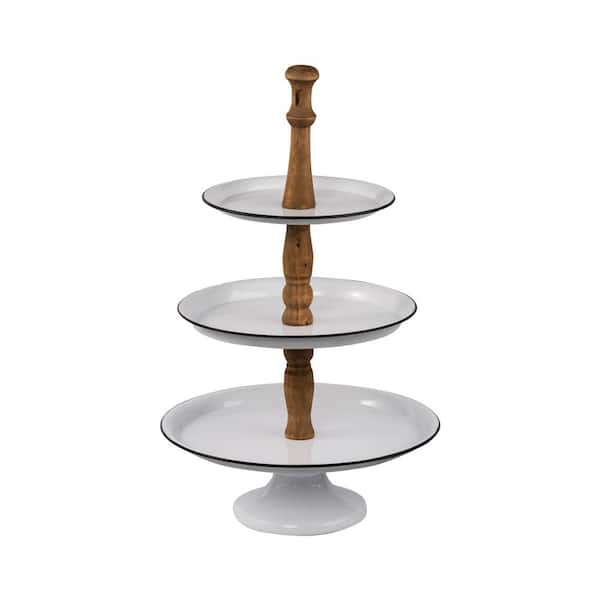 A & B Home Three-Tier Metal White, Natural Trays on Stand
