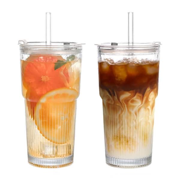 20oz Ribbed Glass Tumblers with Lids and Straws Clear Glass Cups for Juice Smoothies Iced Coffee 2PCS Set