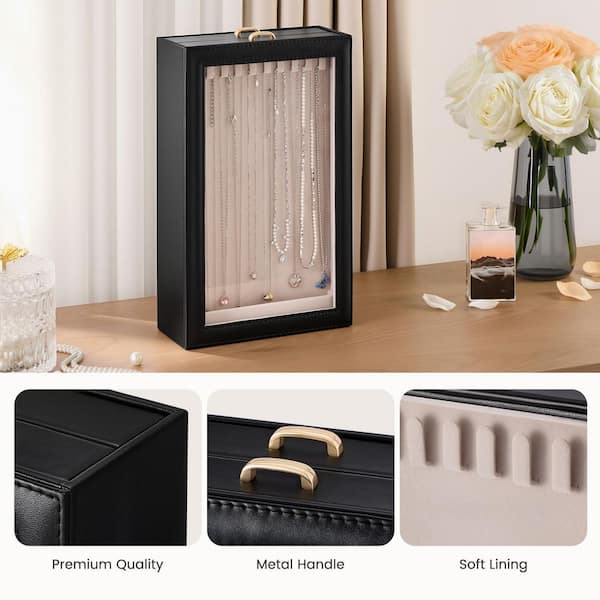 Necklace Organizer Box 2 Layer Black Faux Leather 20 Hooks Jewelry