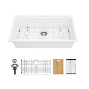 33 in. Undermount Single Bowl White Quartz Kitchen Sink with Bottom Grids
