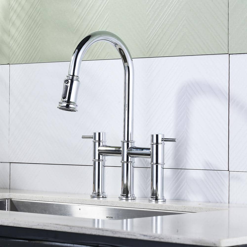 Chrome High-Arc Double Handle Kitchen Faucet with Pull-Out Spray