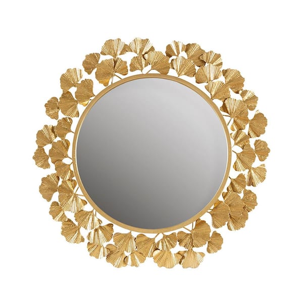 Tatahance 30.5 in. W x 30.5 in. H Round Metal Frame Gold Wall Mirror with Gingko Leaf Decoration