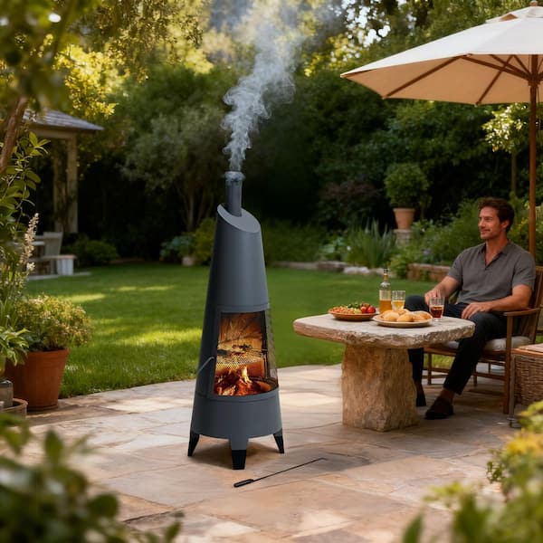 Sunjoy 57 in. 2-in-1 Grey Metal Outdoor Chiminea Fire Pit and