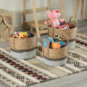 Straw Decorative Round Beige Storage Basket with Woven Handles for the Playroom Bedroom and Living Room (Set of 3)
