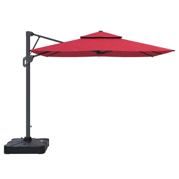 Clihome 10 ft. x 10 ft. Outdoor Pneumatic Lever Cantilever Umbrella Patio Umbrella in Red with Umbrella Base