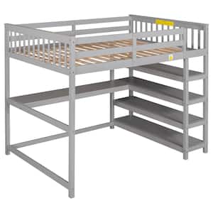 Modern Gray Wood Frame Full Size Loft Bed with Under-Bed Desk, Storage Shelves and Built-in Ladder