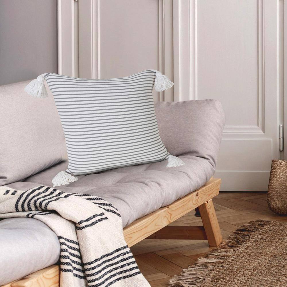 Gray and White Striped Cotton Square Throw Pillow with Tassels