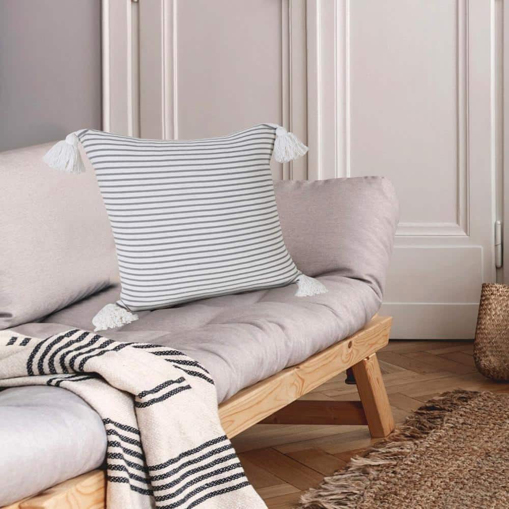 Gray and White Striped Cotton Square Throw Pillow with Tassels