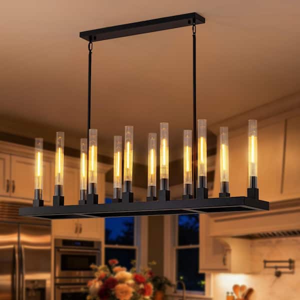 12-Light Modern Matte Black 53.9 in. Linear Chandelier with Clear Glass Shades for Kitchen Island Dining Room