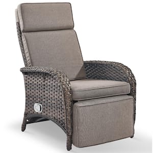 Flat Armrest Series Brown Wicker Outdoor Versatile Outdoor Recliner Chair for Patio with CushionGuard Gray Cushions