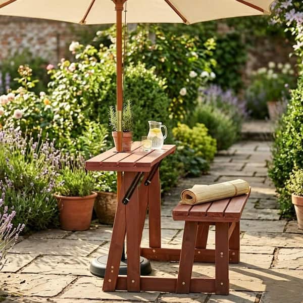 2-in-1 Convertible Bench Picnic Table, Outdoor Folding Dining Set with Backrest & Umbrella Hole
