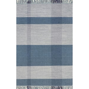 Emily Henderson Willamette Tasseled Plaid Wool Blue 4 ft. x 6 ft. Indoor/Outdoor Patio Rug