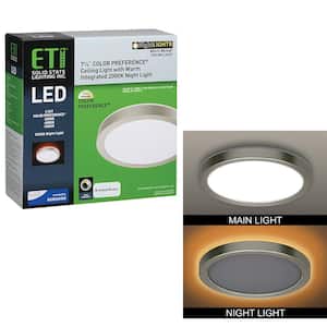 7.5 in. Brushed Nickel Round Color Selectable CCT LED Flush Mount with Night Light Feature Ceiling Light 800 Lumens
