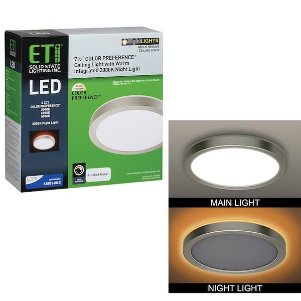 ETI LIGHTING 7.5 in. Brushed Nickel Round LED Flush Mount Ceiling Light Night Light Feature 800 Lumens 12W Adjustable CCT Dimmable