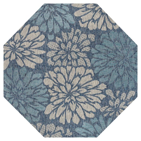 Zinnia Modern Floral Textured Weave Navy/Aqua 5 ft. Octagon Indoor/Outdoor Area Rug