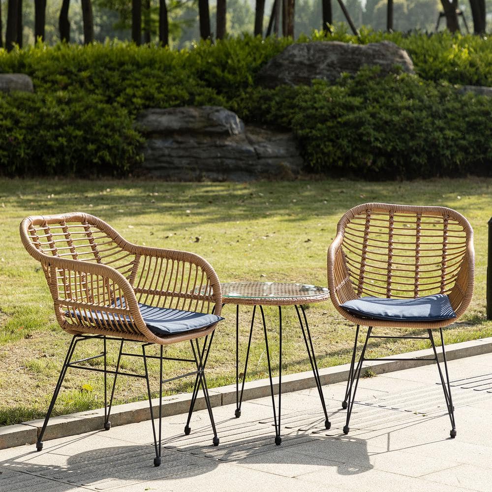 3-Piece Wicker Rattan Outdoor Bistro Set Seating Group with Cushions in Nav