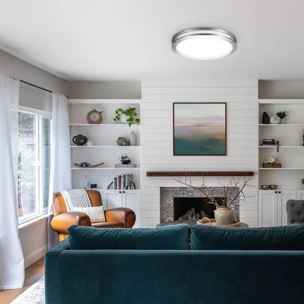 16 in. Round Brushed Nickel Integrated LED Double Ring Flush Mount Ceiling Light Fixture With 2700-5000K 5CCT Selectable