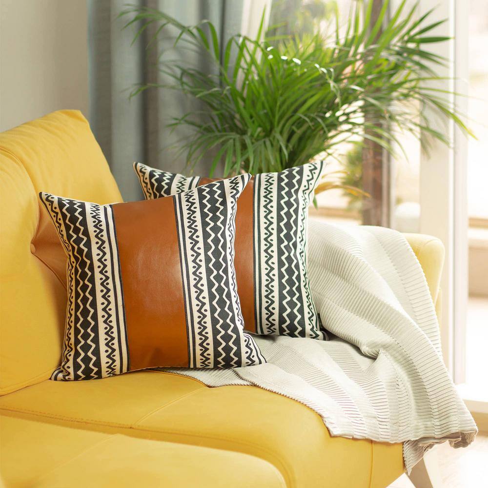 Boho Brown and Ivory Faux Leather Geometric Pillow Covers, Set of 2