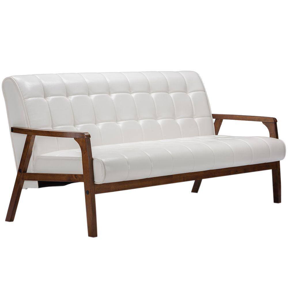Elegant White Faux Leather Tufted Sleeper Sofa with Wood Accents
