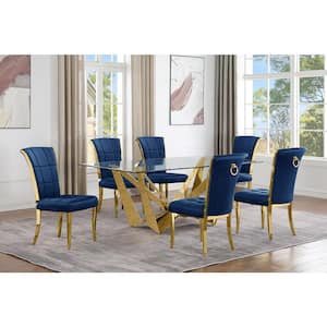 Rae 7-Piece Rectangular Glass Top Gold Stainless Steel Base Dining Set With 6 Navy Blue Velvet Chrome Iron Legs Chairs