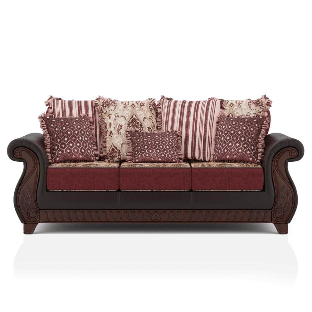 Burgundy Fabric Sofa & Loveseat Set w/Graphic Throw Pillows