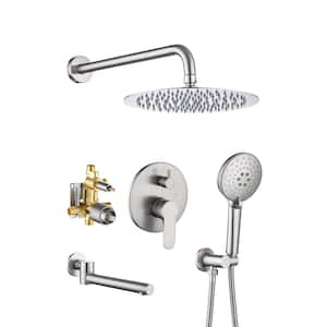 3-Spray Patterns with 2.5 GPM 10 in. Wall Mount Dual Shower Heads with 180-Degree Rotation Tub Spout in Brushed Nickel