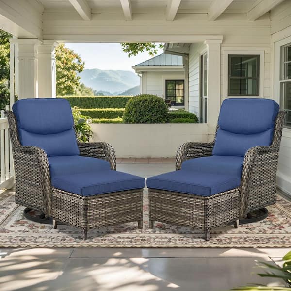 Crescent Gray Wicker Outdoor Rocking Chair Set with 5 in. Thick Navy Blue Cushions, Swivel Rockers, Ottomans (4-Pack)