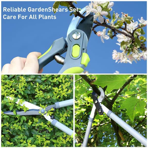 10 in. Hedge Shears, Garden Loppers Pruning Shears, 3-Piece Hedge Clippers Combo Set, Heavy Duty Tree Trimmer