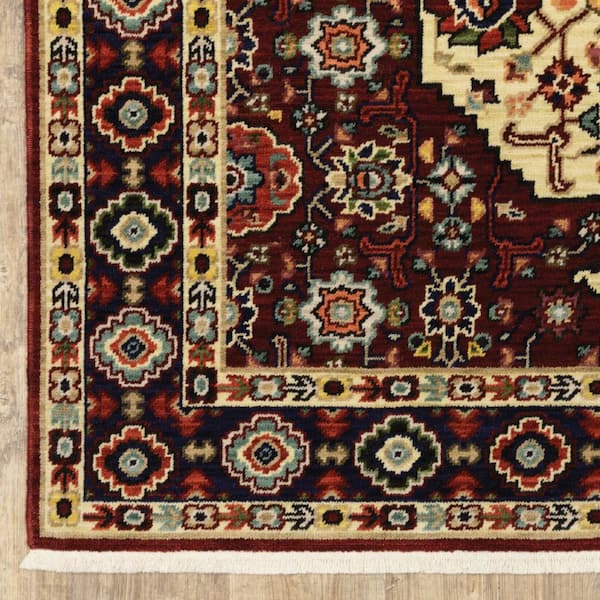 HomeRoots Red Ivory Blue and Orange 2 ft. x 6 ft. Oriental Power Loom Stain Resistant Fringe with Runner Rug