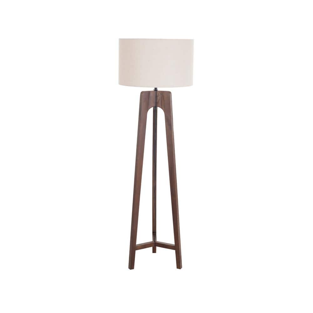 63" Walnut Finish Rubberwood Tripod Floor Lamp with Natural Linen Shade