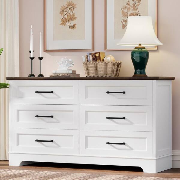 Hartin 52 in. White and Brown Dressers, Farmhouse Chest of Drawers with 6-Drawers