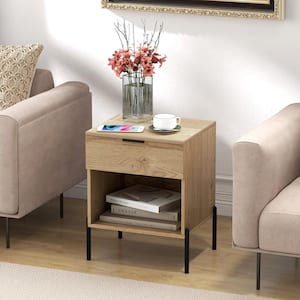 Natural 18 in. W Nightstand with Charging Station Drawer Compartment Modern Side End Table