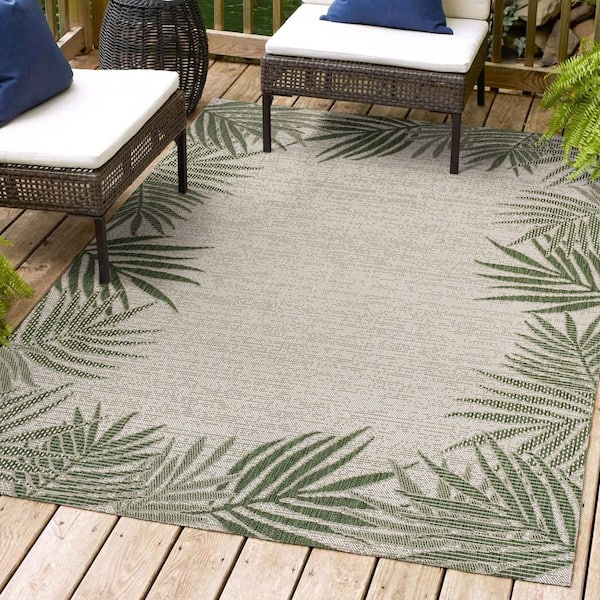 Isla Coastal Cottage Palm Frond Border Green/Cream 8 ft. x 10 ft. Indoor/Outdoor Area Rug