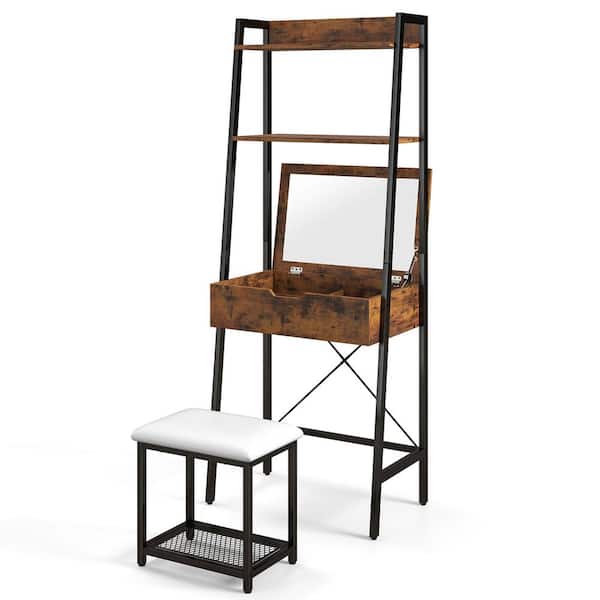 Costway 2-Piece Rustic Brown Makeup Vanity Set Flip Top Table Mirror Ladder Storage Shelf Cushioned Stool